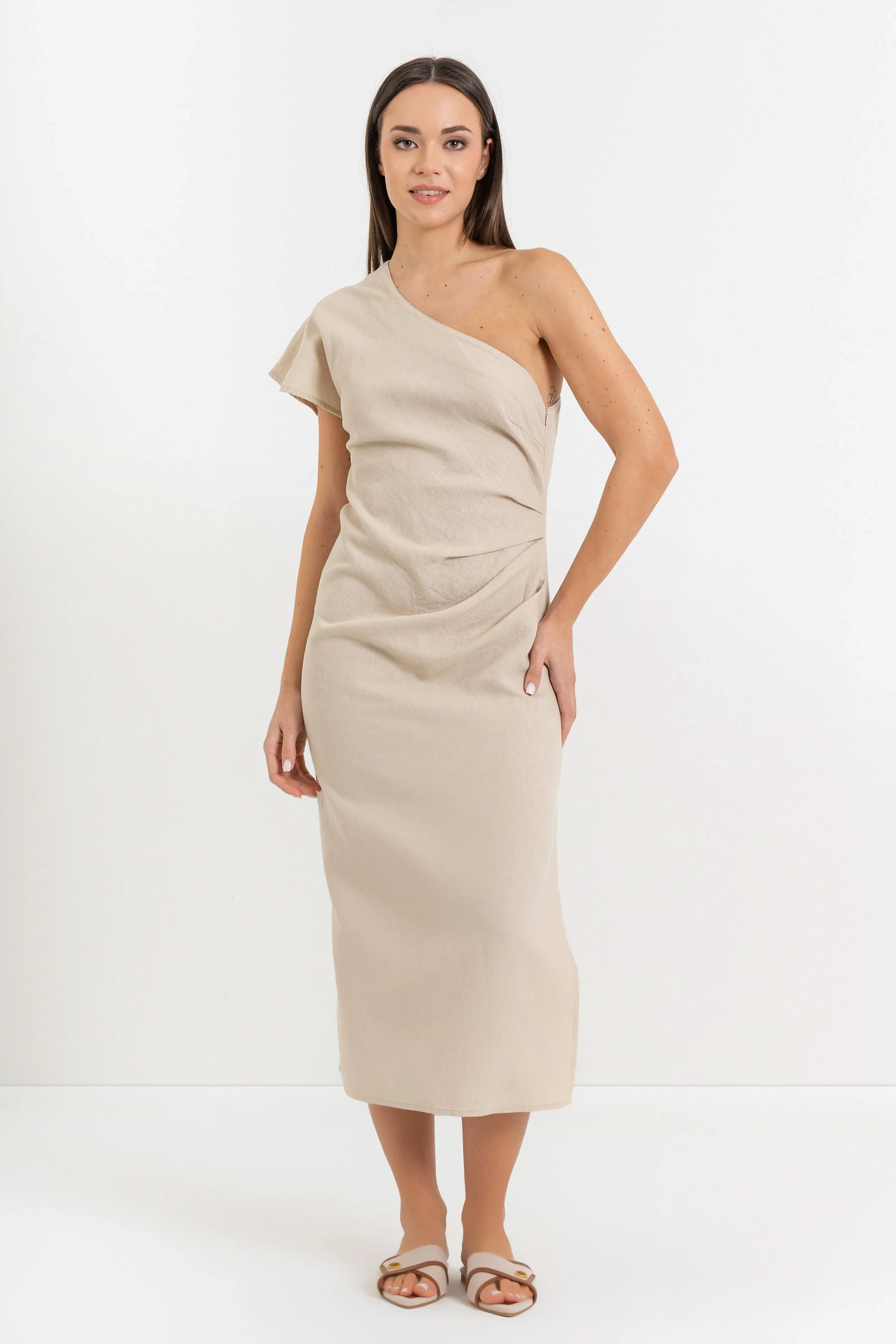 Abito midi monospalla in lino e cotone con spacco - Abito KARICX