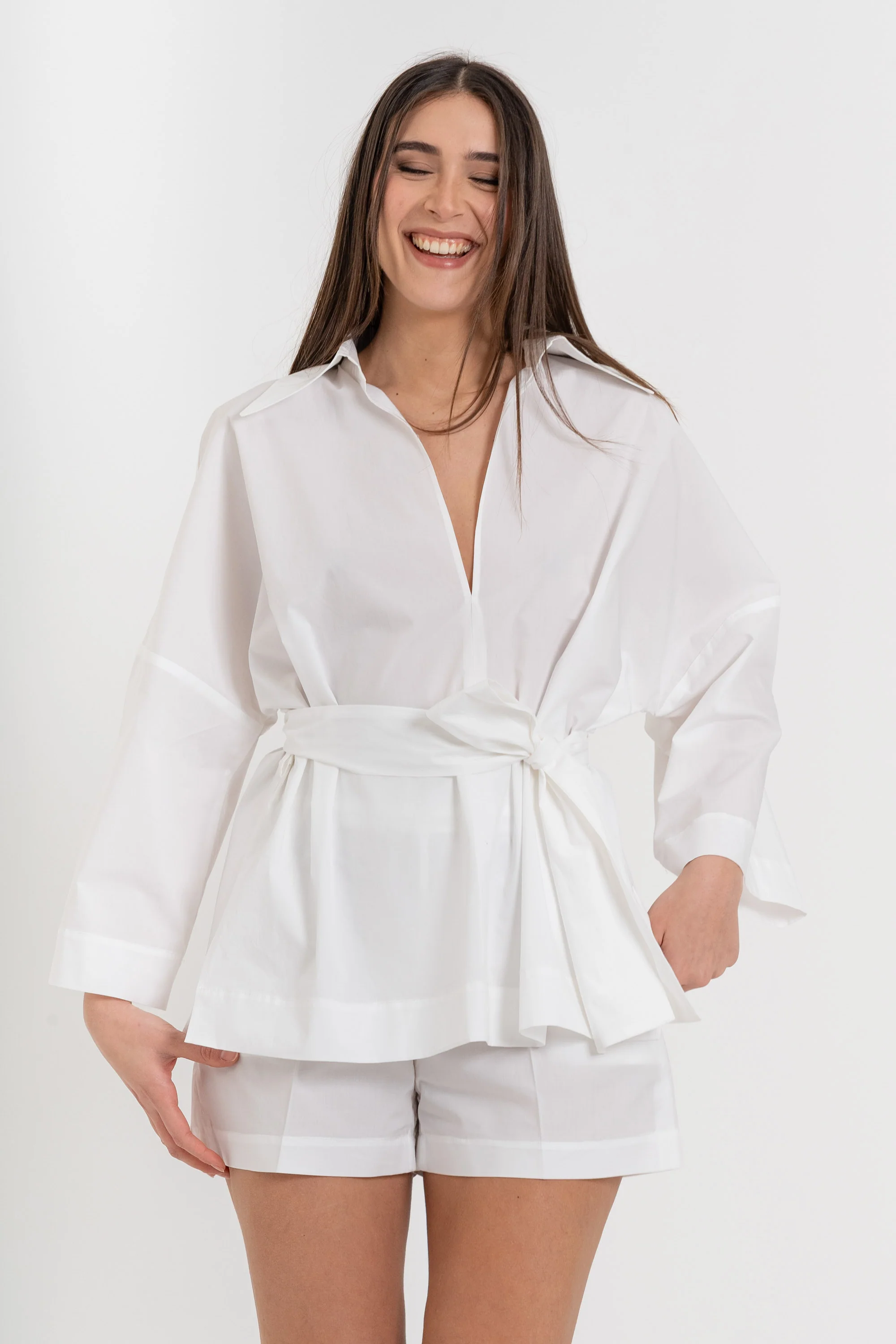 Camicia da donna in cotone con scollo a V e cintura - Camicia HULAYX