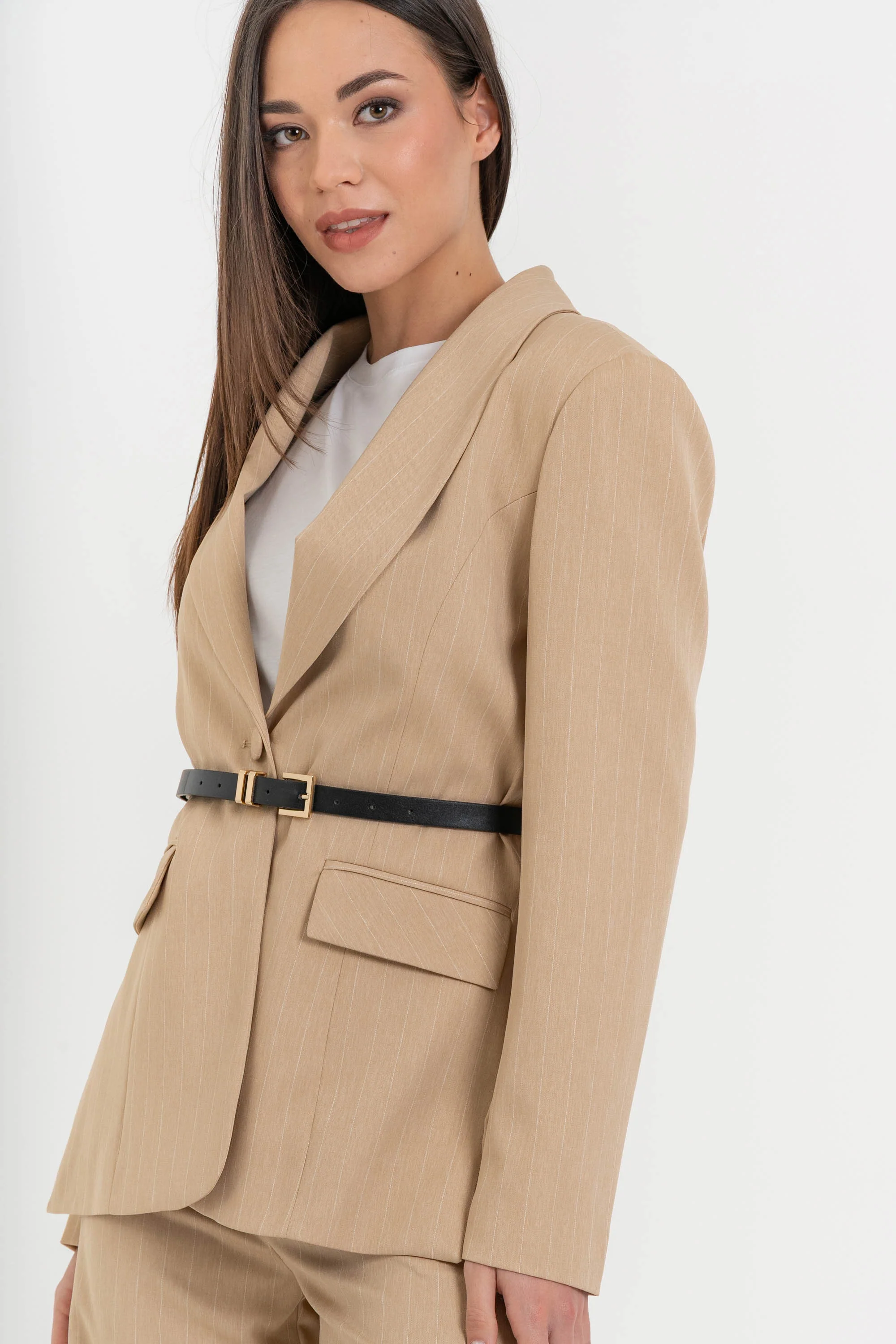 Giacca donna gessata monopetto con cintura e tasche - Giacca ISAX - Image 3