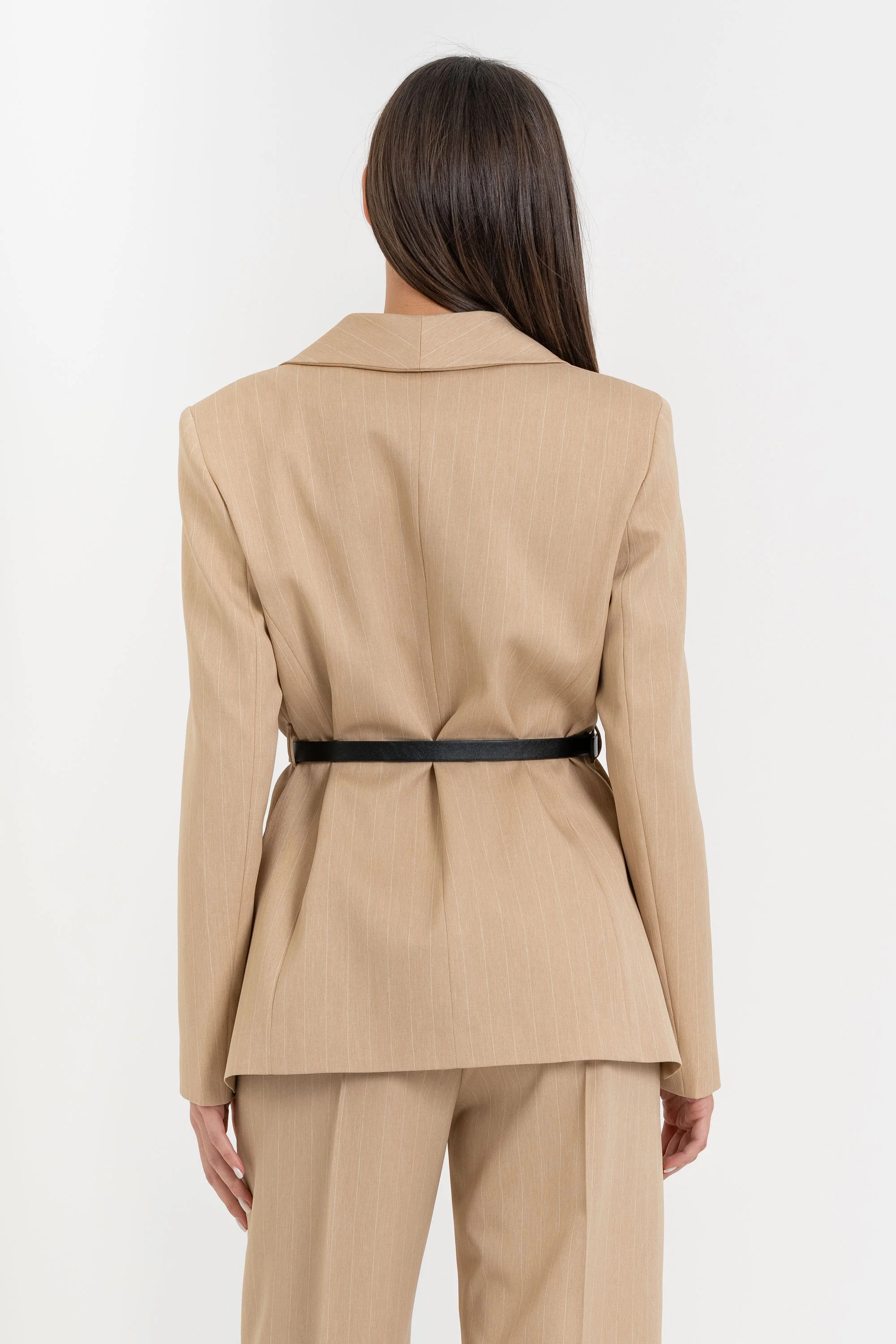 Giacca donna gessata monopetto con cintura e tasche - Giacca ISAX - Image 4