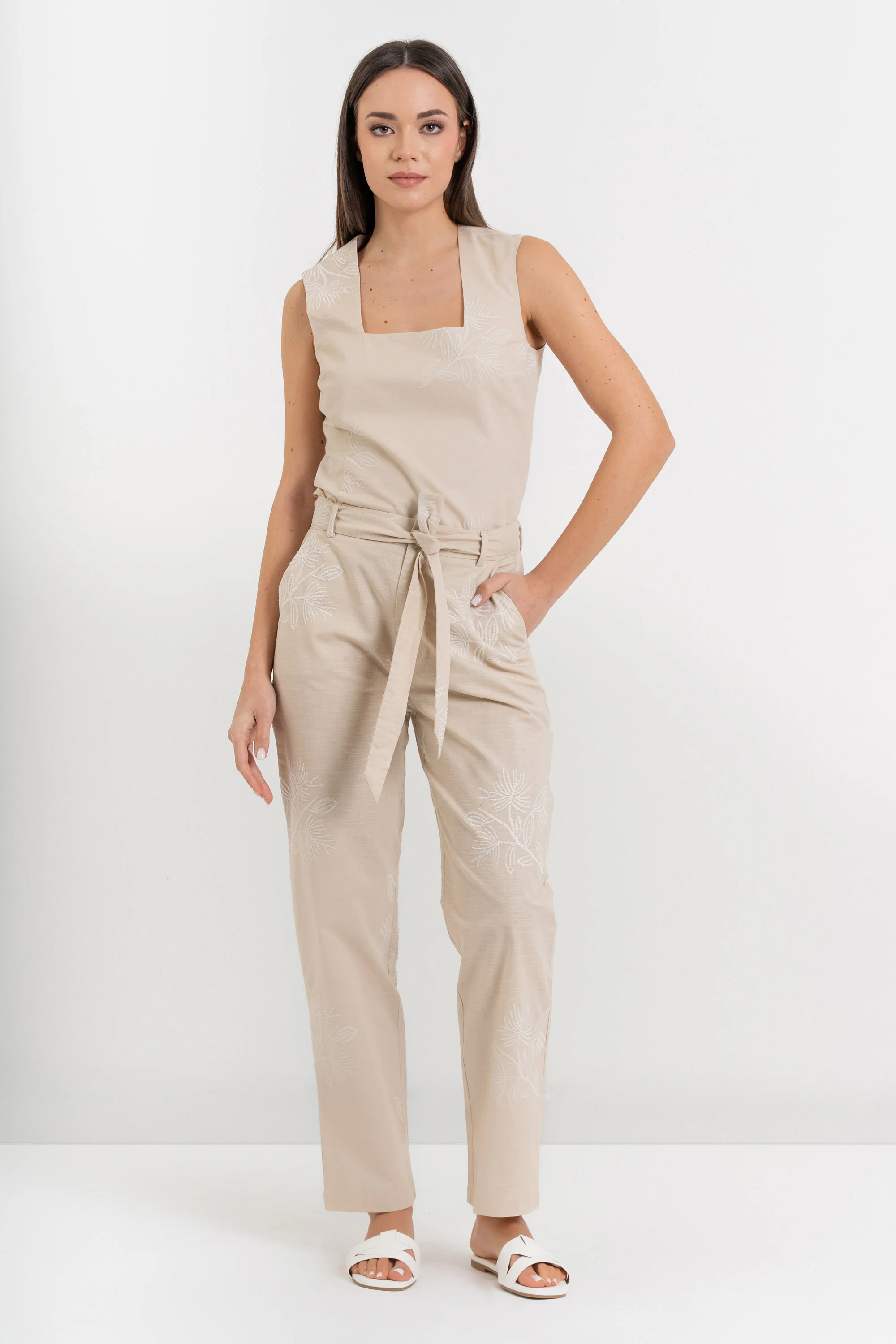 Pantaloni da donna in cotone e lino con ricamo floreale - Pantalone Fashion TERBERX