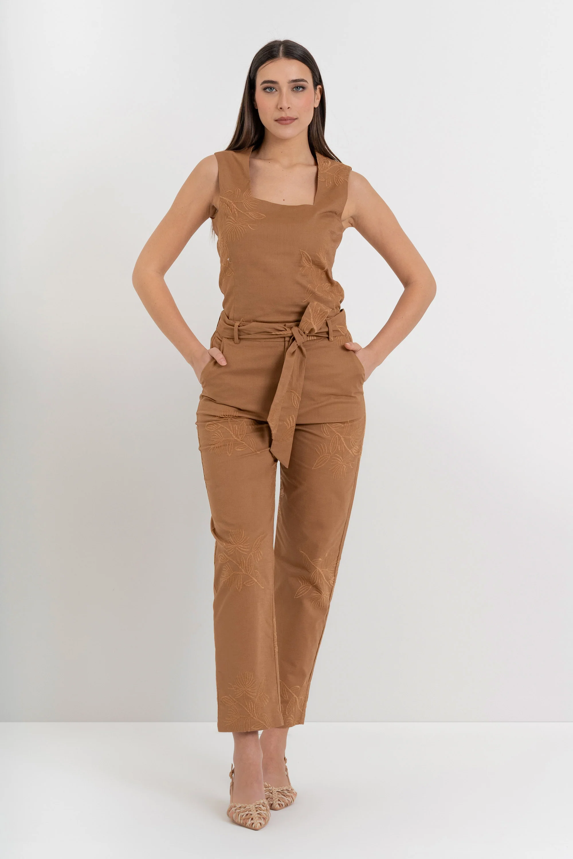 Pantaloni da donna in cotone e lino con ricamo floreale - Pantalone Fashion TERBERX - Image 3