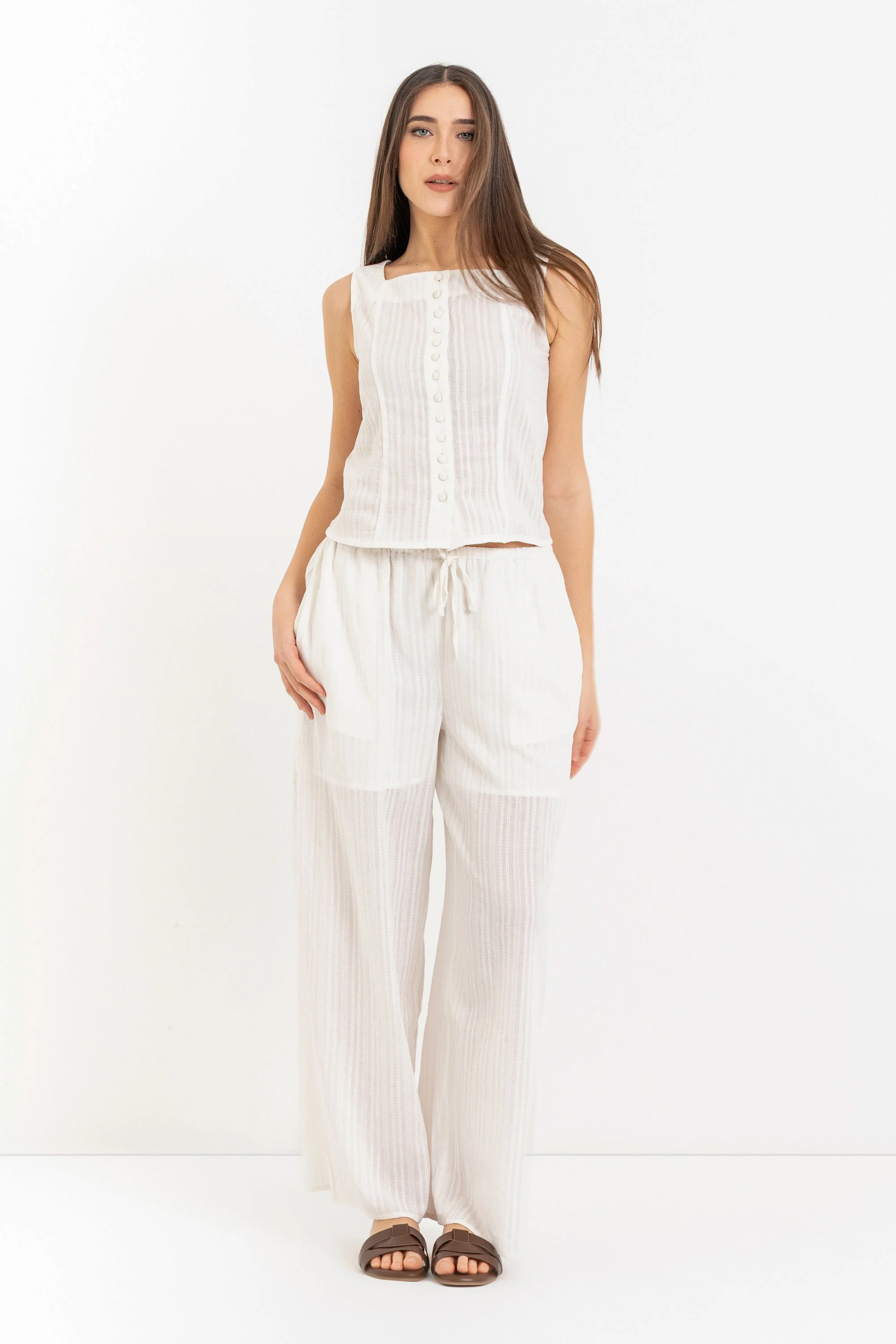 Pantaloni da donna in cotone a righe con gamba larga - Pantalone Fashion MINSHELLX - Image 2