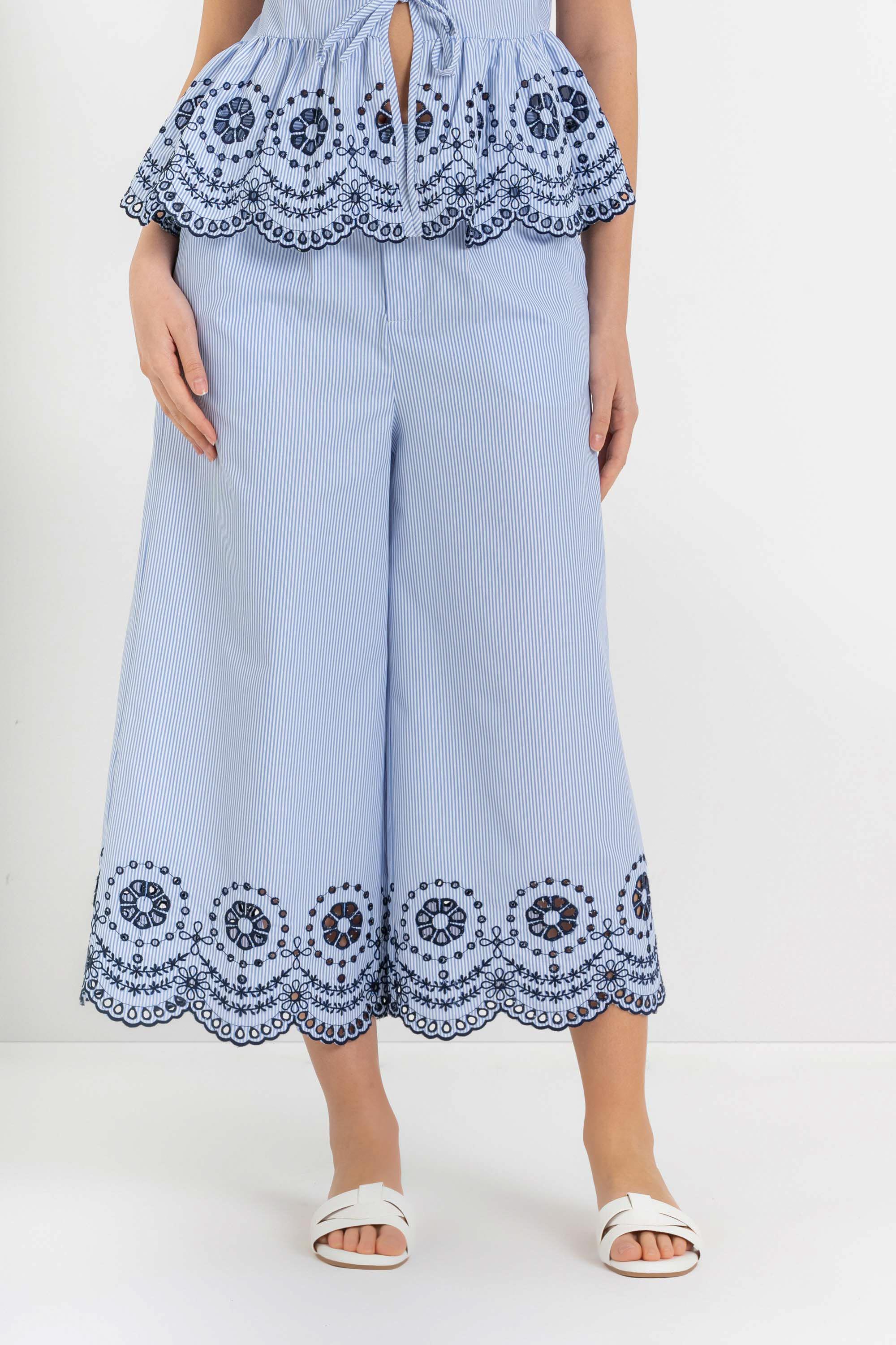 Pantaloni da donna a palazzo gessati con orlo ricamato - Pantalone Fashion MINZAJAX