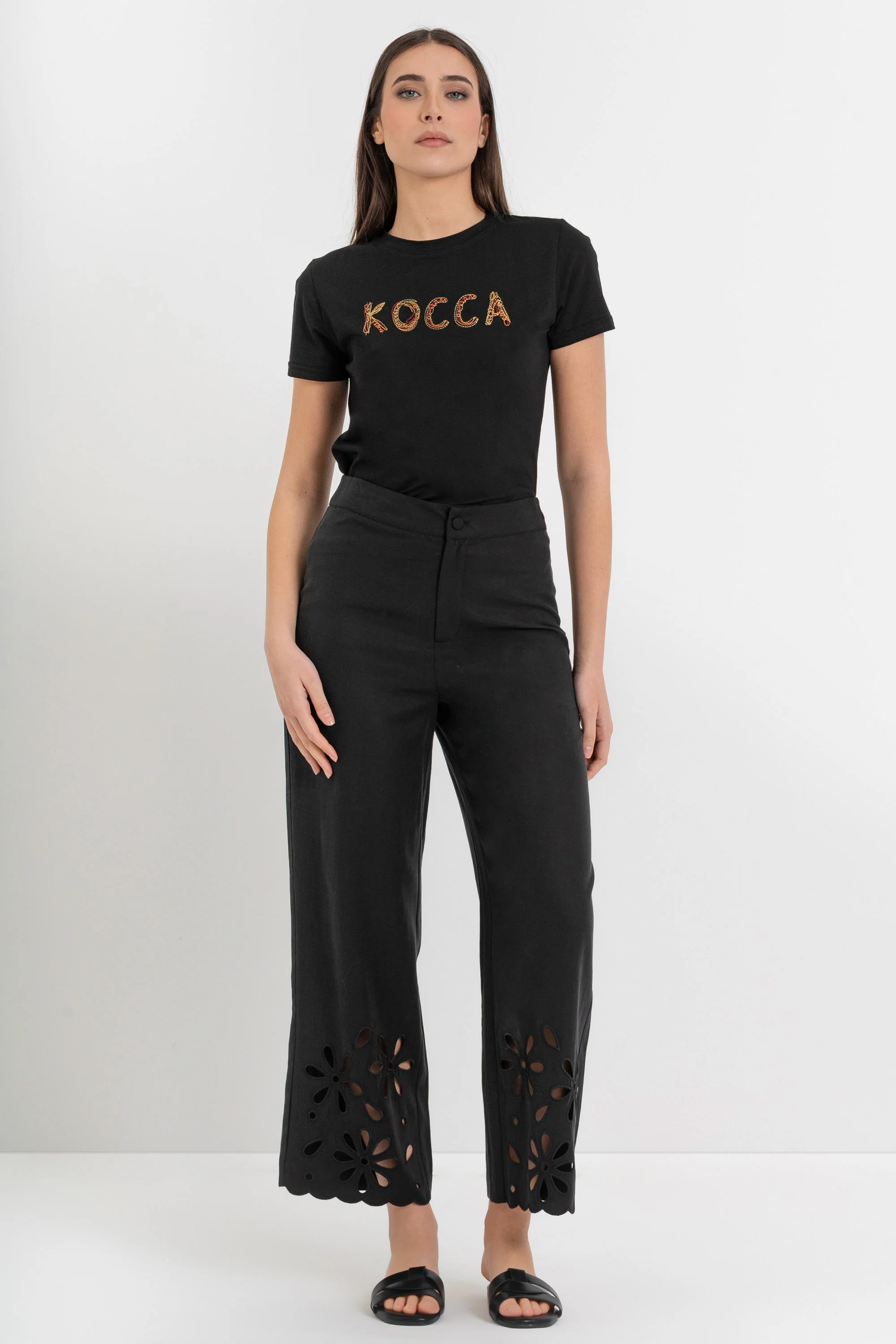 Pantaloni a palazzo in lyocell e lino con orlo traforato - Pantalone Fashion MOZIX