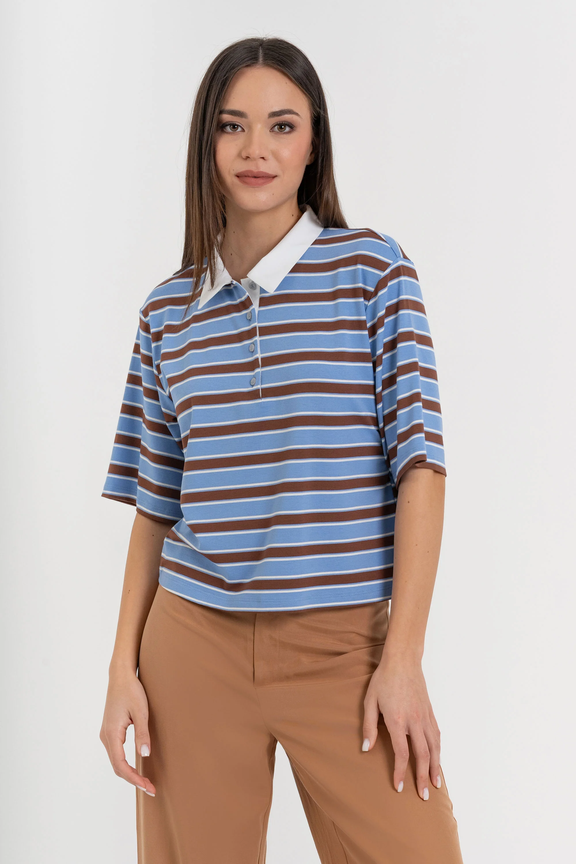 T-shirt da donna a righe in viscosa con colletto - T-shirt MIUX