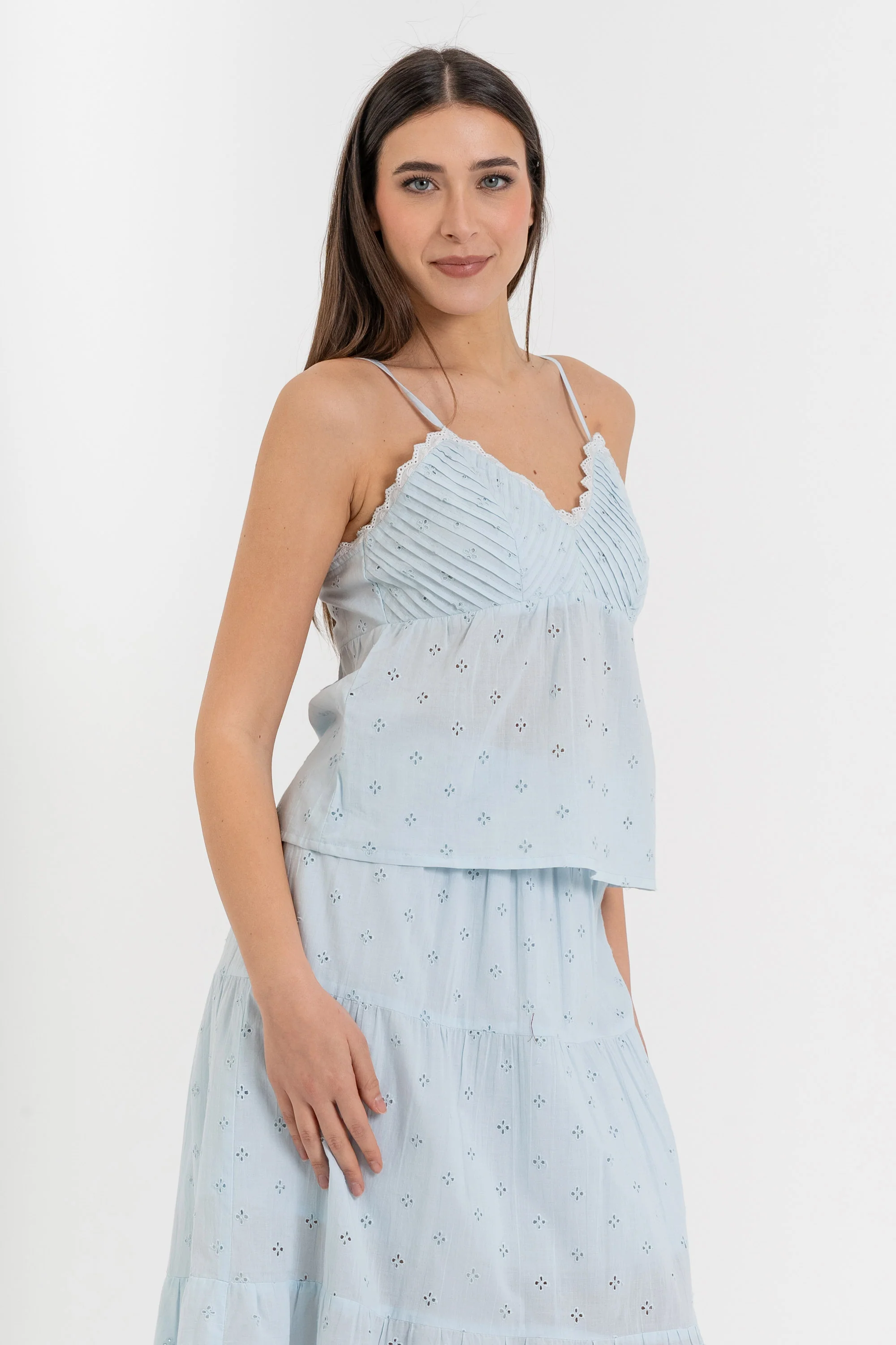 Top donna in cotone con spalline sottili e sangallo - Top KIDODX