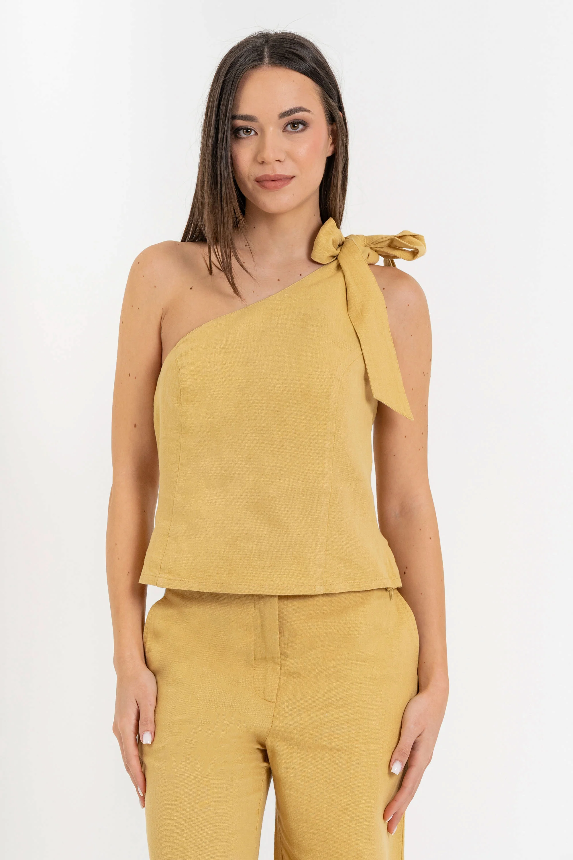 Top monospalla da donna in lino e cotone con fiocco - Top KARTHONX - Image 2