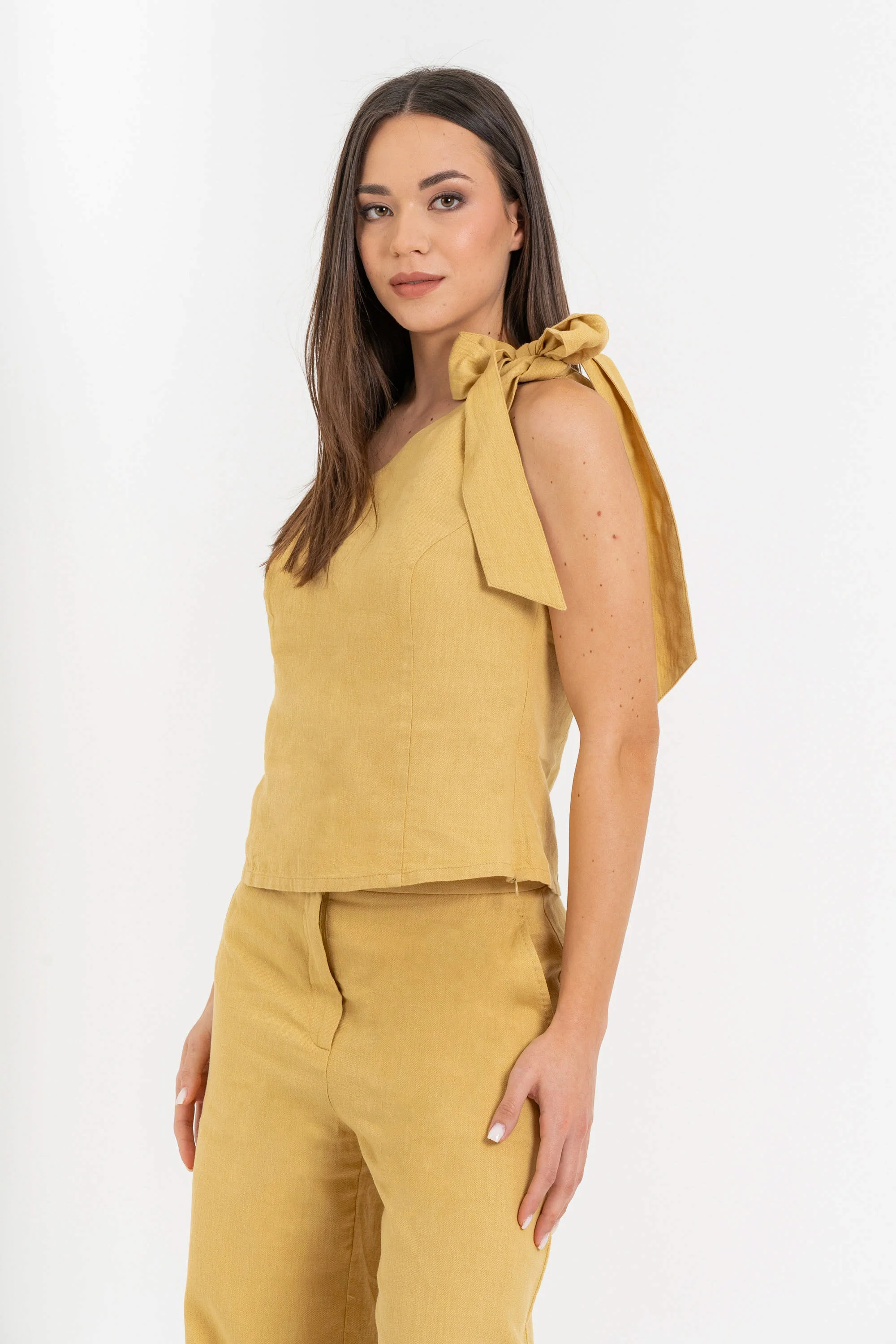 Top monospalla da donna in lino e cotone con fiocco - Top KARTHONX - Image 3