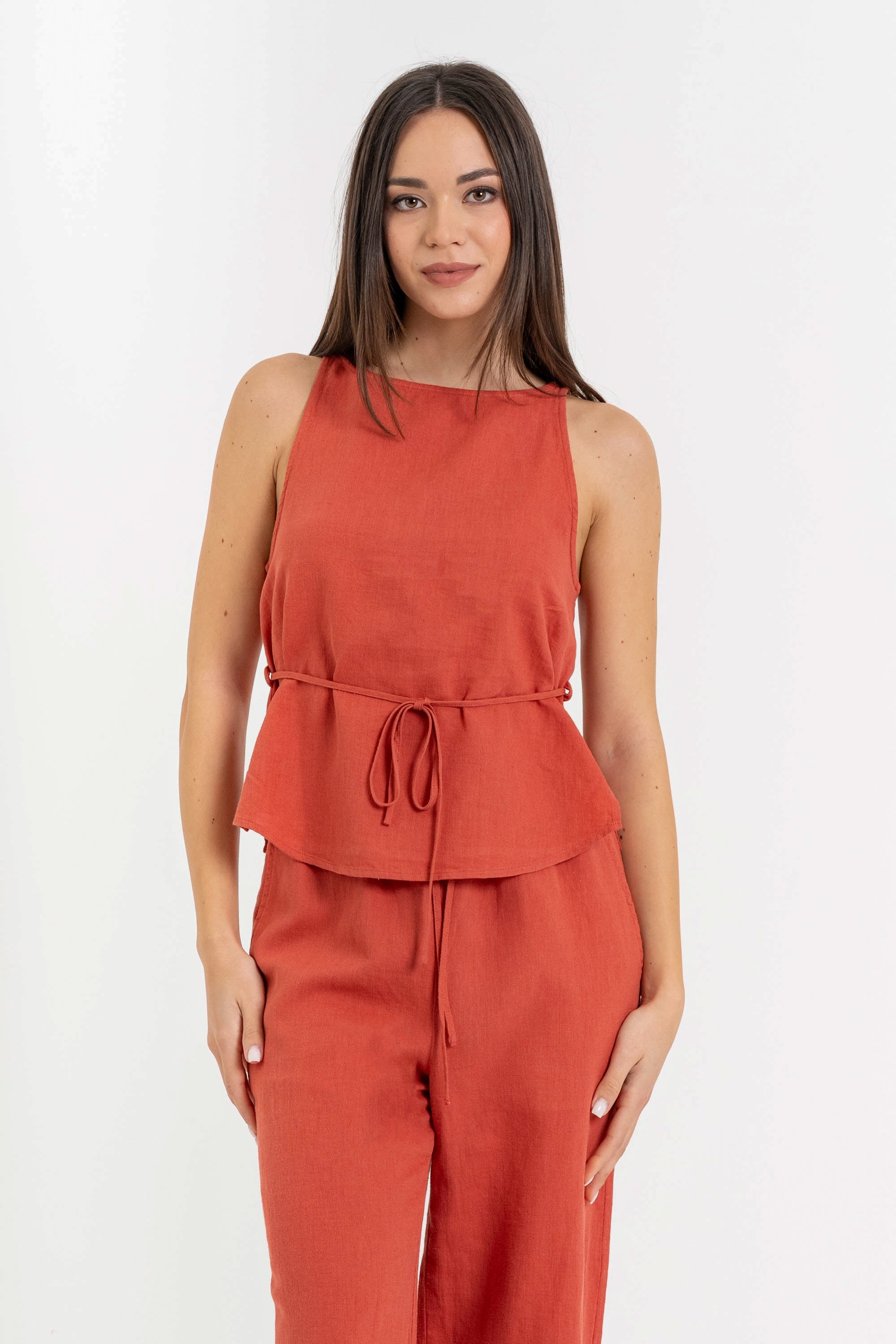 Top smanicato da donna in lino, cotone e ramiè con cintura - Top KAWELAX